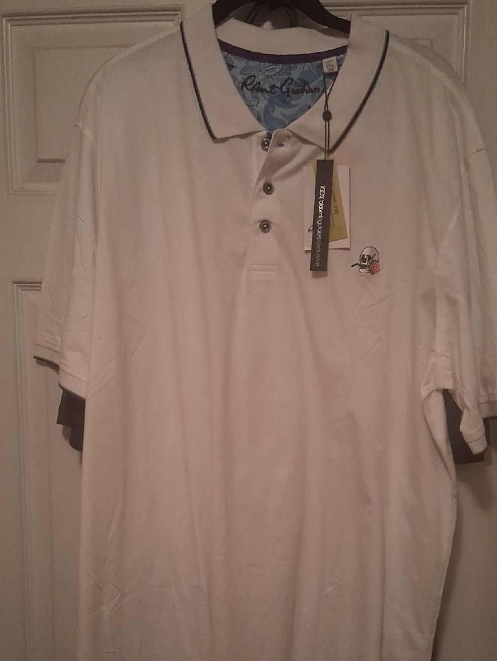 Robert Graham White Polo with Navy Contrast Trim and Embroidered Logo Xxl